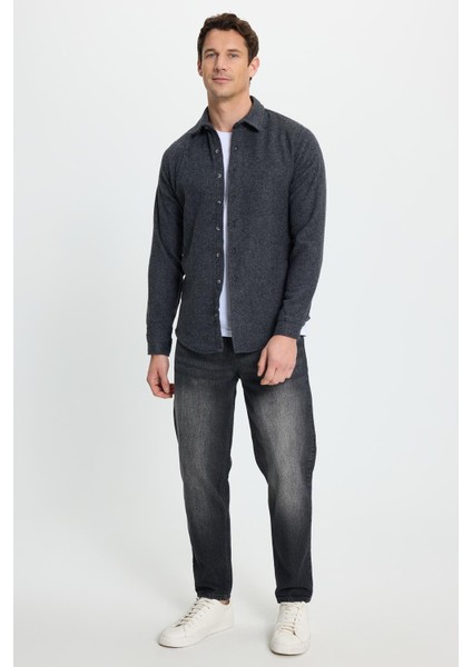 Erkek Slim Fit Dar Kesim Uzun Kollu Düz Kışlık Oduncu Koyu Gri Gömlek fırsatları