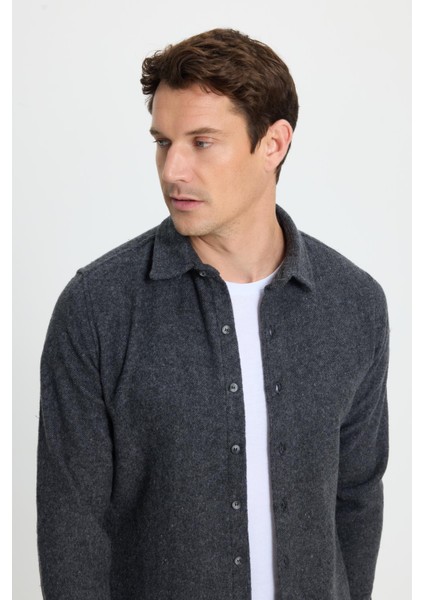 Erkek Slim Fit Dar Kesim Uzun Kollu Düz Kışlık Oduncu Koyu Gri Gömlek indirimleri