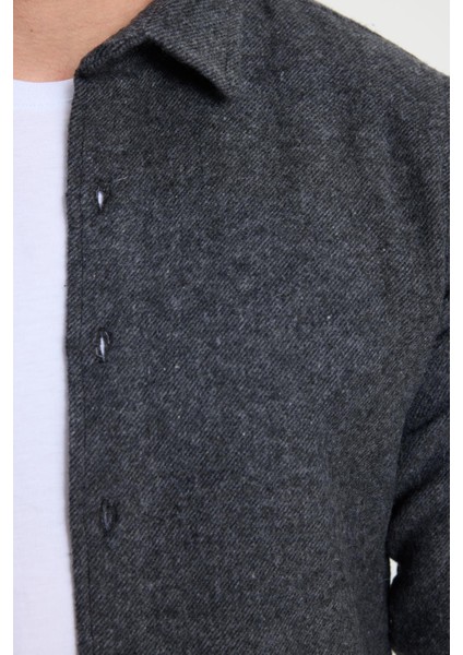Erkek Slim Fit Dar Kesim Uzun Kollu Düz Kışlık Oduncu Koyu Gri Gömlek