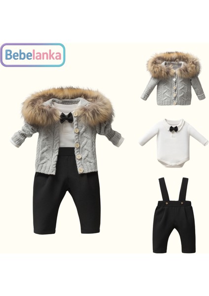 Erkek Bebek %100 Pamuk Kürk Yakalı Hırka Papyonlu Body Pantolon 3'lü Takım 563568