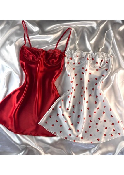 Kadın Kırmızı Beyaz Saten Gecelik