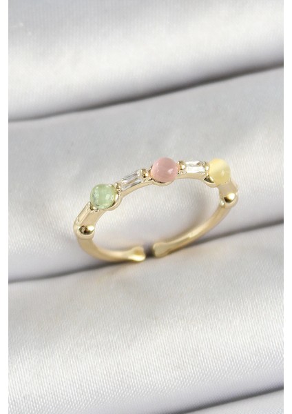 Bfs Pirinç Sıralı Boncuk Figürlü Zirkon Taşlı Gold Renk Ayarlanabilir Kadın Yüzük