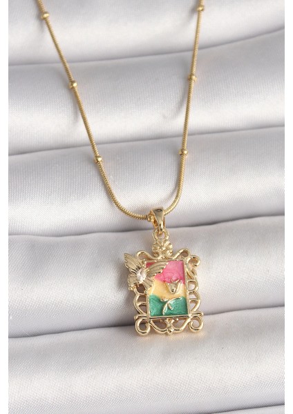 Bfs 316L Çelik Gold Renk Renkli Zirkon Taşlı Kelebek Işlemeli Portre Model Kadın Kolye