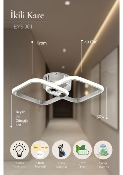 Modern Krom Ikili Kare 3 Renk LED Avize (Beyaz&sarı&günışığ) Antre Hol Koridor & Oda fırsatları