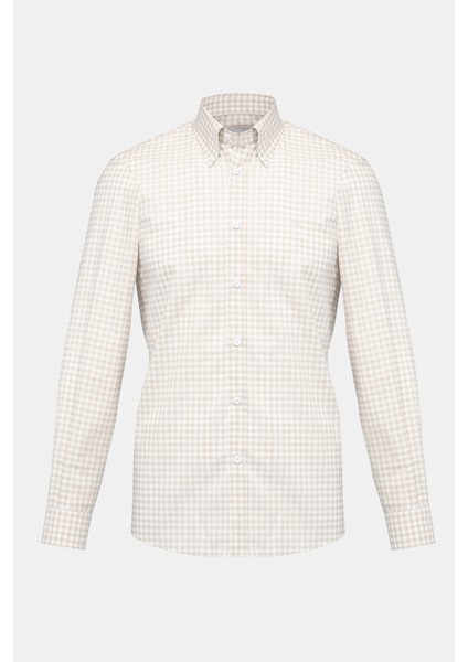 Erkek Kahverengi Cooper Fit Düğmeli Yaka Ekoseli Spor Gömlek