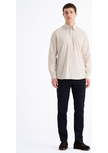 Erkek Kahverengi Cooper Fit Düğmeli Yaka Ekoseli Spor Gömlek fiyatları