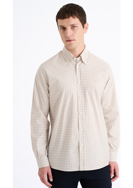 Erkek Kahverengi Cooper Fit Düğmeli Yaka Ekoseli Spor Gömlek modelleri