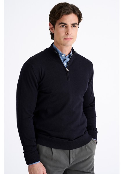Erkek Lacivert Extrafine Yün Yarım Fermuarlı Kazak modelleri