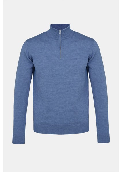 Erkek Koyu Mavi Extrafine Yün Yarım Fermuarlı Kazak