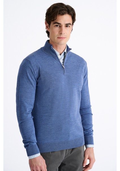Erkek Koyu Mavi Extrafine Yün Yarım Fermuarlı Kazak modelleri
