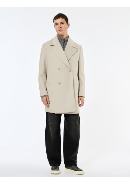 Uzun Kollu Cepli Düğmeli Kruvaze Yaka Uzun Kaşe Kaban