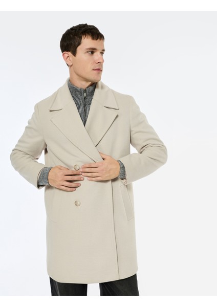 Uzun Kollu Cepli Düğmeli Kruvaze Yaka Uzun Kaşe Kaban fiyatları