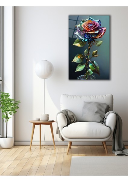 Modern Renkli Yapraklı Gül Cam Tablo
