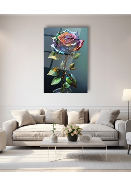 Modern Renkli Yapraklı Gül Cam Tablo modelleri