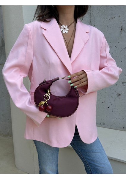 *** Bordo Süet Kadın Omuz Çantası Kiraz Charm Hediyeli