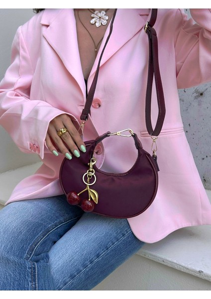 *** Bordo Süet Kadın Omuz Çantası Kiraz Charm Hediyeli modelleri