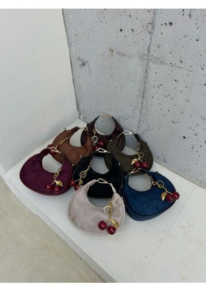 *** Bordo Süet Kadın Omuz Çantası Kiraz Charm Hediyeli fırsatları