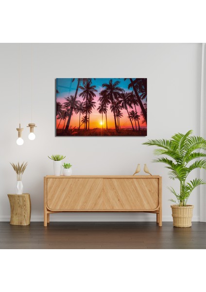 Günbatımı Manzara Palmiyeler Cam Tablo