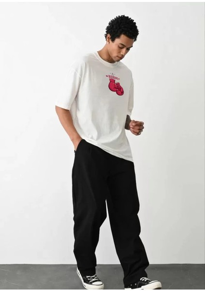 Unisex Bisiklet Yaka Baskılı Oversize Tshirt