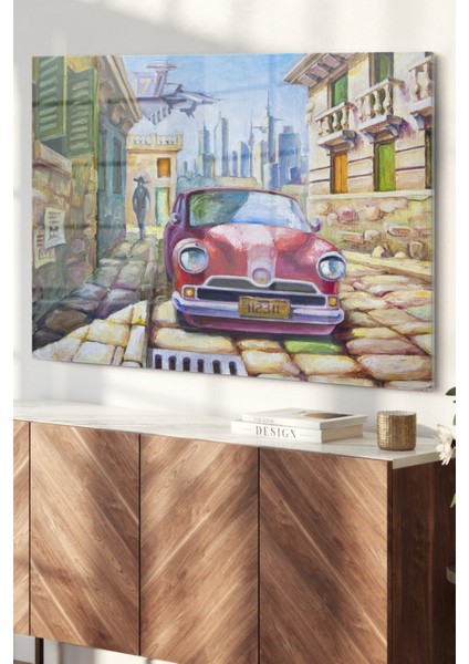 Kırmızı Vintage Araba | Araba Temalı Cam Tablo | 50X70 cm