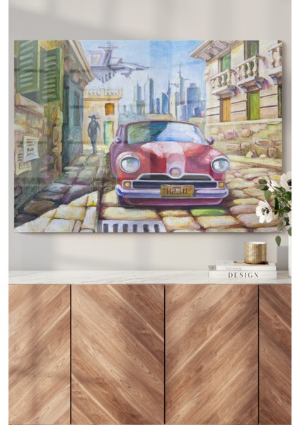 Kırmızı Vintage Araba | Araba Temalı Cam Tablo | 50X70 cm fiyatları