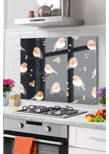 Premium Mutfak Cam Ocak Arkası Koruyucu Tezgah Ankastre Arkası Koruyucu | Kuşlar Siyah Turuncu