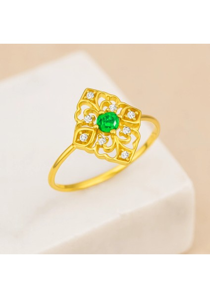 14 Ayar Altın Yeşik Zümrüt Ince Yüzük