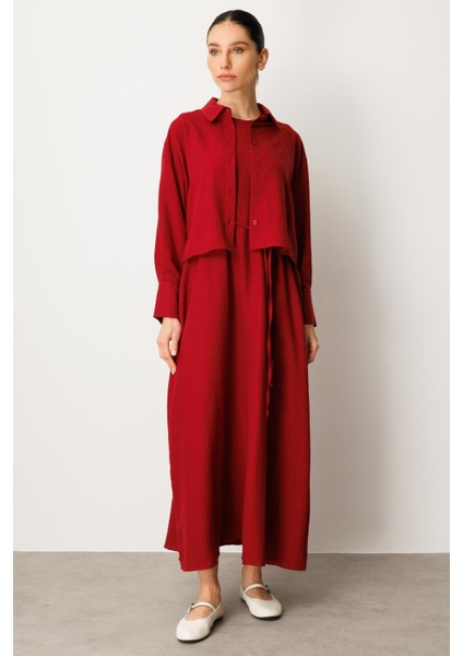 Aller Üst Beden ve Jile Iç Kombin Ipekçe Elbise Ferace-Bordo