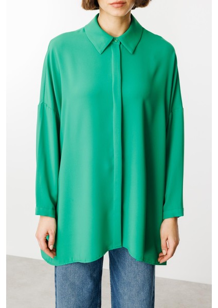 Özel Kalıp Zamansız Akıcı Kumaştan Bluz Tunik-B.yeşil modelleri