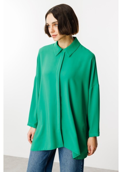 Özel Kalıp Zamansız Akıcı Kumaştan Bluz Tunik-B.yeşil indirimleri
