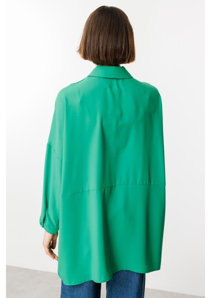 Özel Kalıp Zamansız Akıcı Kumaştan Bluz Tunik-B.yeşil