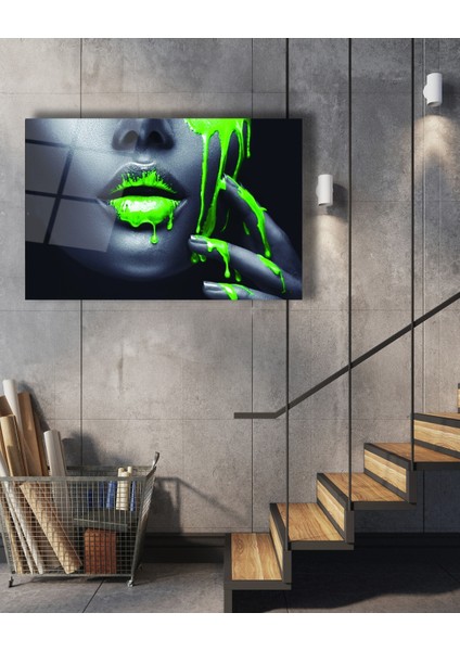 Yeşil Dudak Afrikalı Kadın Cam Tablo