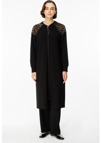 Leopar Omuz Detaylı Örme Zamansız Kap Ferace-Siyah