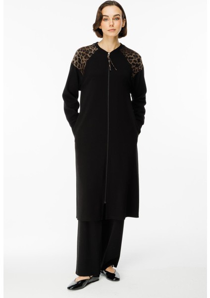 Leopar Omuz Detaylı Örme Zamansız Kap Ferace-Siyah fiyatları