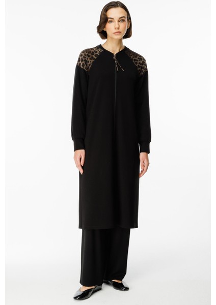 Leopar Omuz Detaylı Örme Zamansız Kap Ferace-Siyah modelleri