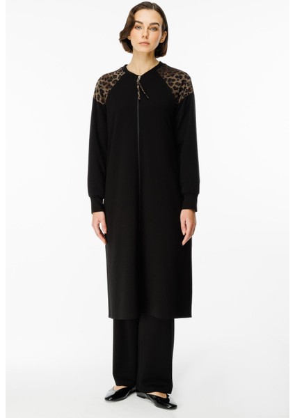 Leopar Omuz Detaylı Örme Zamansız Kap Ferace-Siyah fırsatları