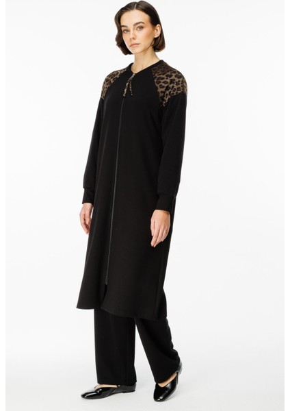 Leopar Omuz Detaylı Örme Zamansız Kap Ferace-Siyah indirimleri
