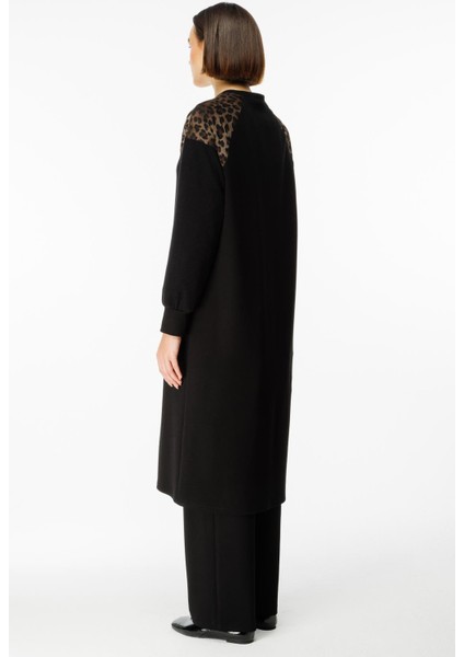 Leopar Omuz Detaylı Örme Zamansız Kap Ferace-Siyah