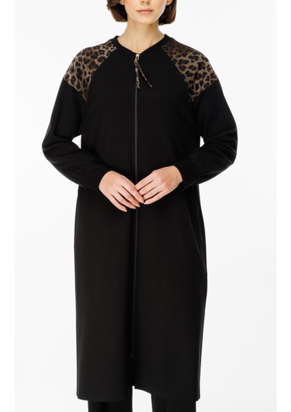 Leopar Omuz Detaylı Örme Zamansız Kap Ferace-Siyah