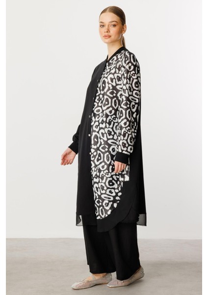 Soho Desen Örme Şifon Karışım Modern Kap Tunik-Siyah