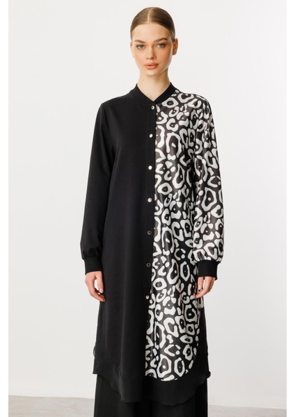 Soho Desen Örme Şifon Karışım Modern Kap Tunik-Siyah fiyatları