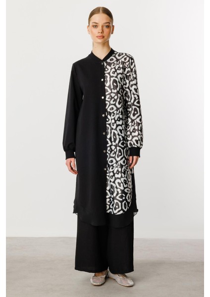 Soho Desen Örme Şifon Karışım Modern Kap Tunik-Siyah fırsatları