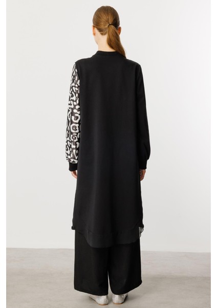 Soho Desen Örme Şifon Karışım Modern Kap Tunik-Siyah indirimleri