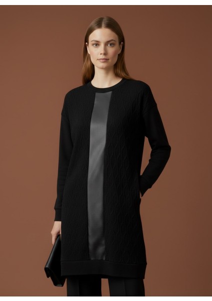 Kadın Kendinden Desenli Deri Detaylı Triko Üst Düzey Tesettür Tunik