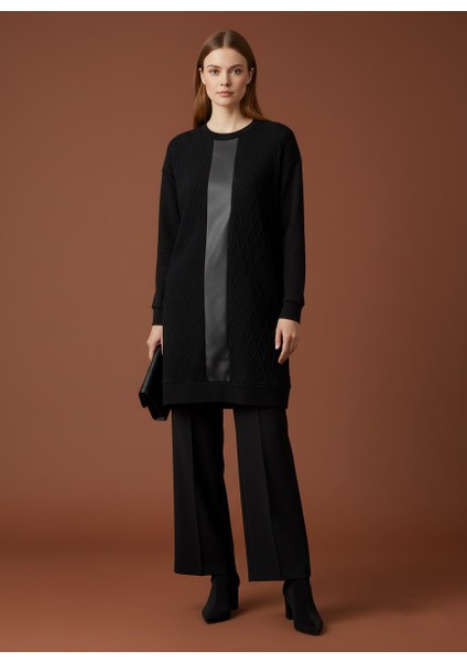 Kadın Kendinden Desenli Deri Detaylı Triko Üst Düzey Tesettür Tunik fiyatları