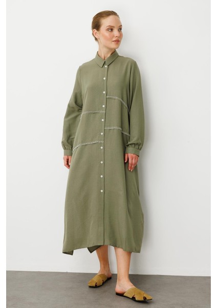 Chooban Dikiş Detaylı Ipekçe Kumaş Konforlu Kap Ferace-Haki