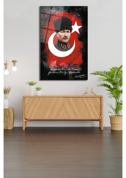 Atatürk Portresi Vatanını En Çok Seven Görevini En Iyi Yapandır Cam Tablo Duvar Dekoru, Hediyelik fırsatları