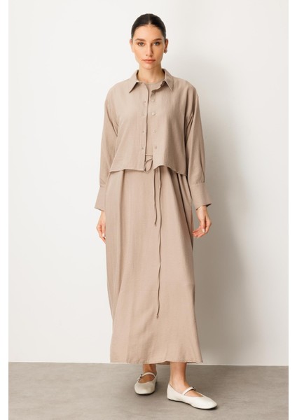 Aller Üst Beden ve Jile Iç Kombin Ipekçe Elbise Ferace-Taş