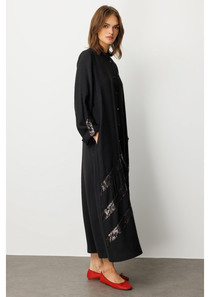 Modal (%90 Doğal) Düğme Kapamalı Varak Geçişli Zamansız Kap/ Ferace-Siyah fiyatları