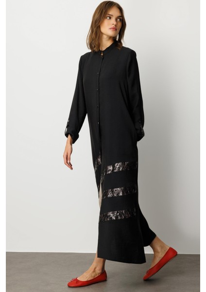 Modal (%90 Doğal) Düğme Kapamalı Varak Geçişli Zamansız Kap/ Ferace-Siyah modelleri